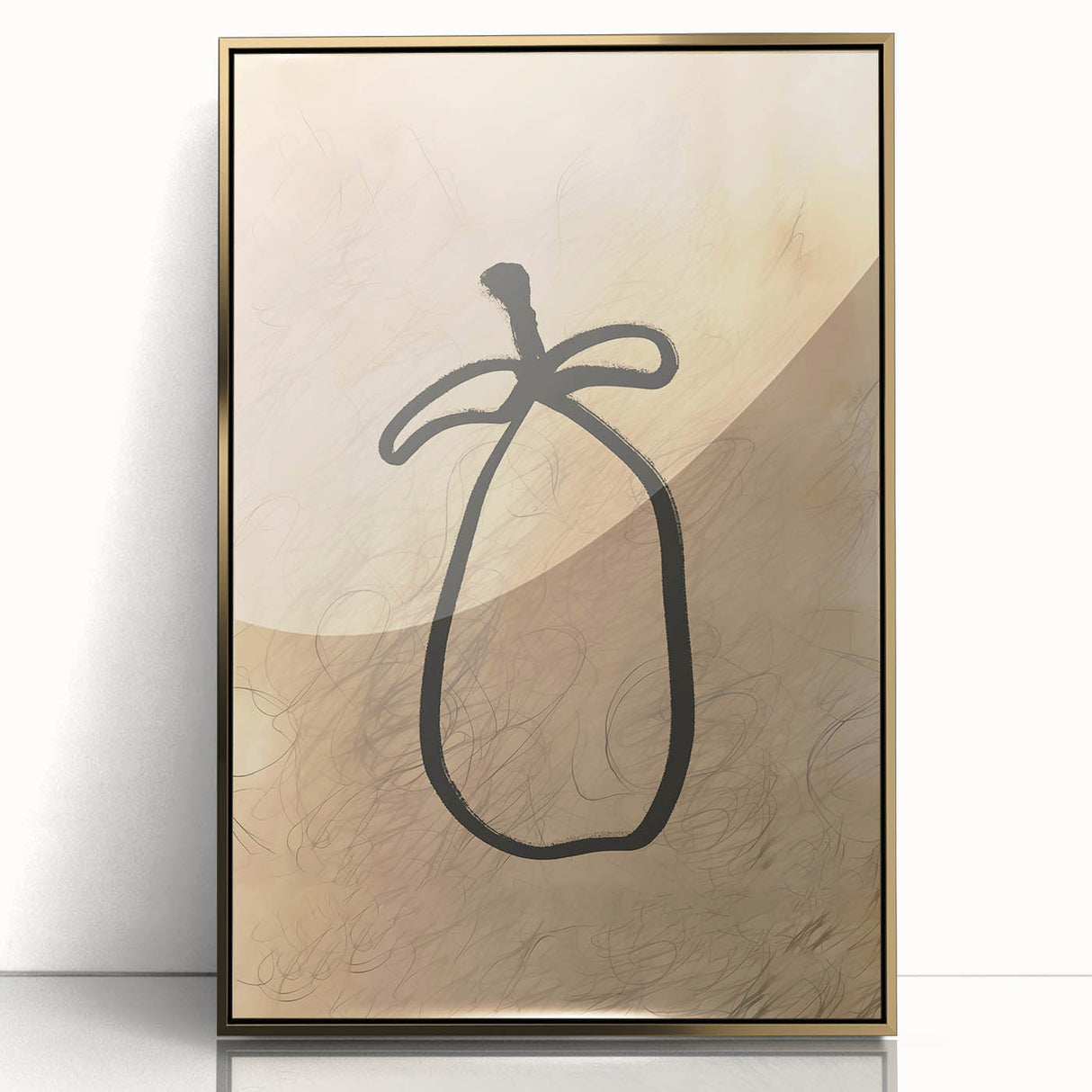 Framed abstract minimalist wall art featuring a gold-accented design, perfect for modern decor. The acrylic front enhances visual appeal and elegance.
