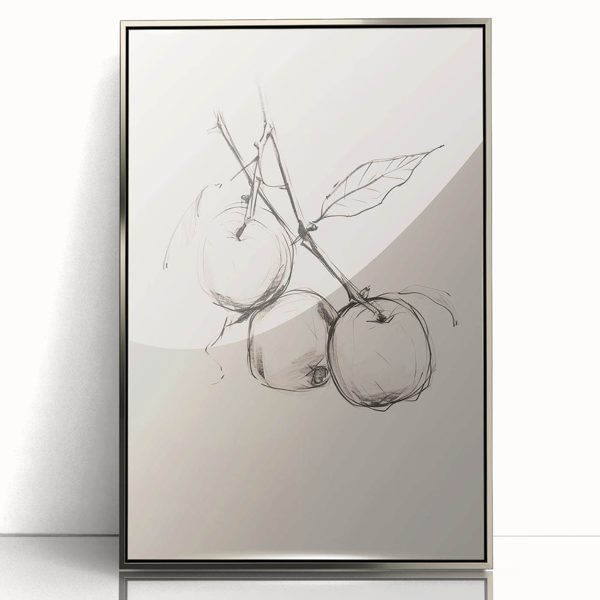 Framed abstract minimalist wall art design featuring a sleek silver frame, showcasing geometric shapes in muted colors, perfect for modern decor.