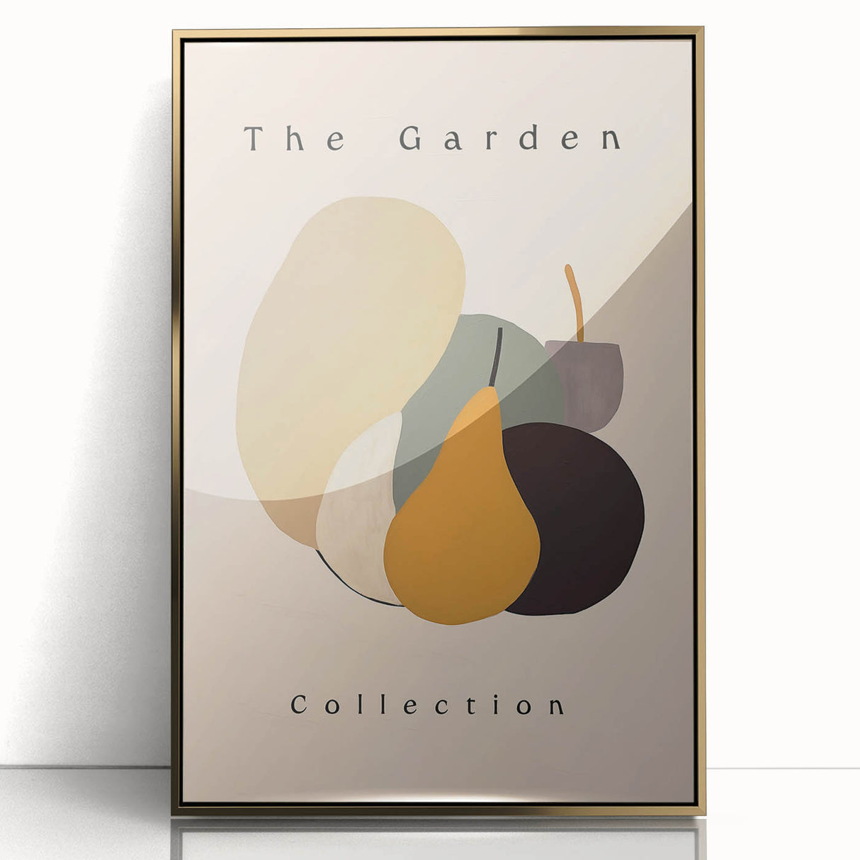 Framed abstract minimalist wall art design featuring a gold acrylic finish, showcasing geometric patterns in a modern living space. Ideal for contemporary decor.