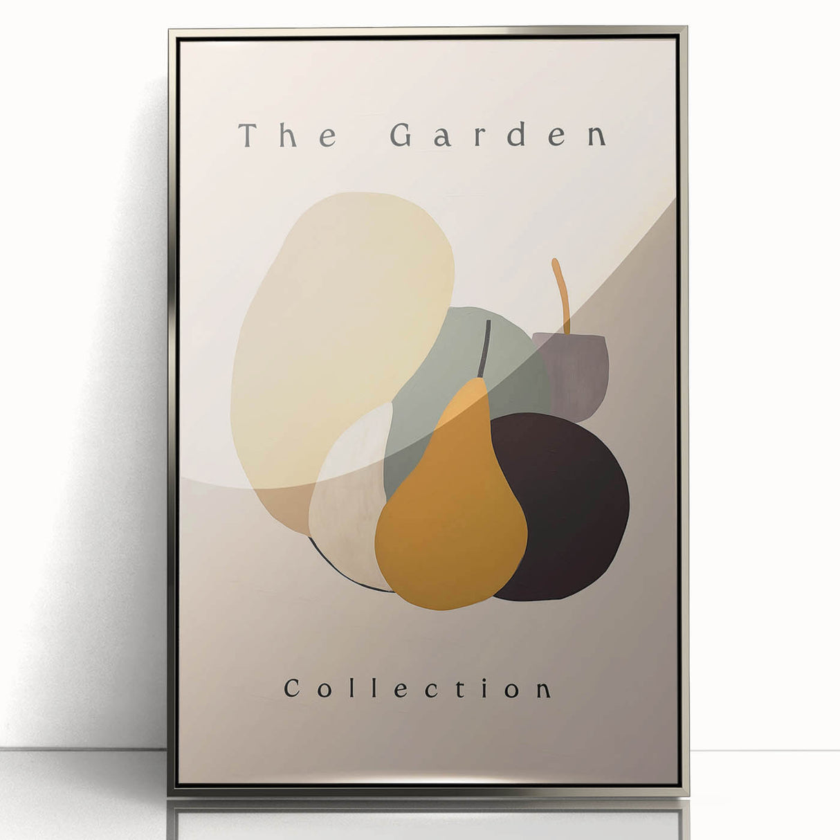 Framed acrylic wall art featuring an abstract minimalist design with a silver frame, showcasing geometric shapes in muted colors, perfect for modern decor.