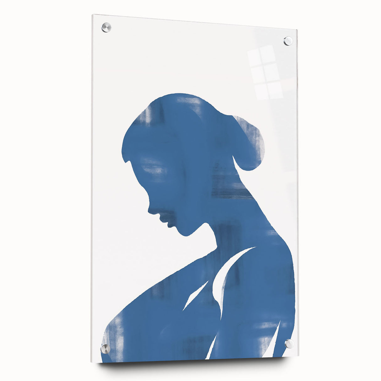 Abstract minimalist wall art collection displayed in acrylic glass, showcasing a side view with decorative pins, featuring soft hues and geometric patterns, perfect for modern decor.