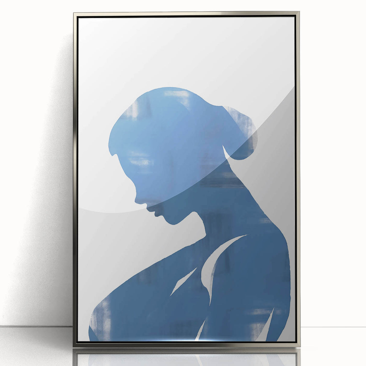 Framed abstract minimalist wall art in silver acrylic, showcasing a sleek geometric design with subtle textures, ideal for modern decor.