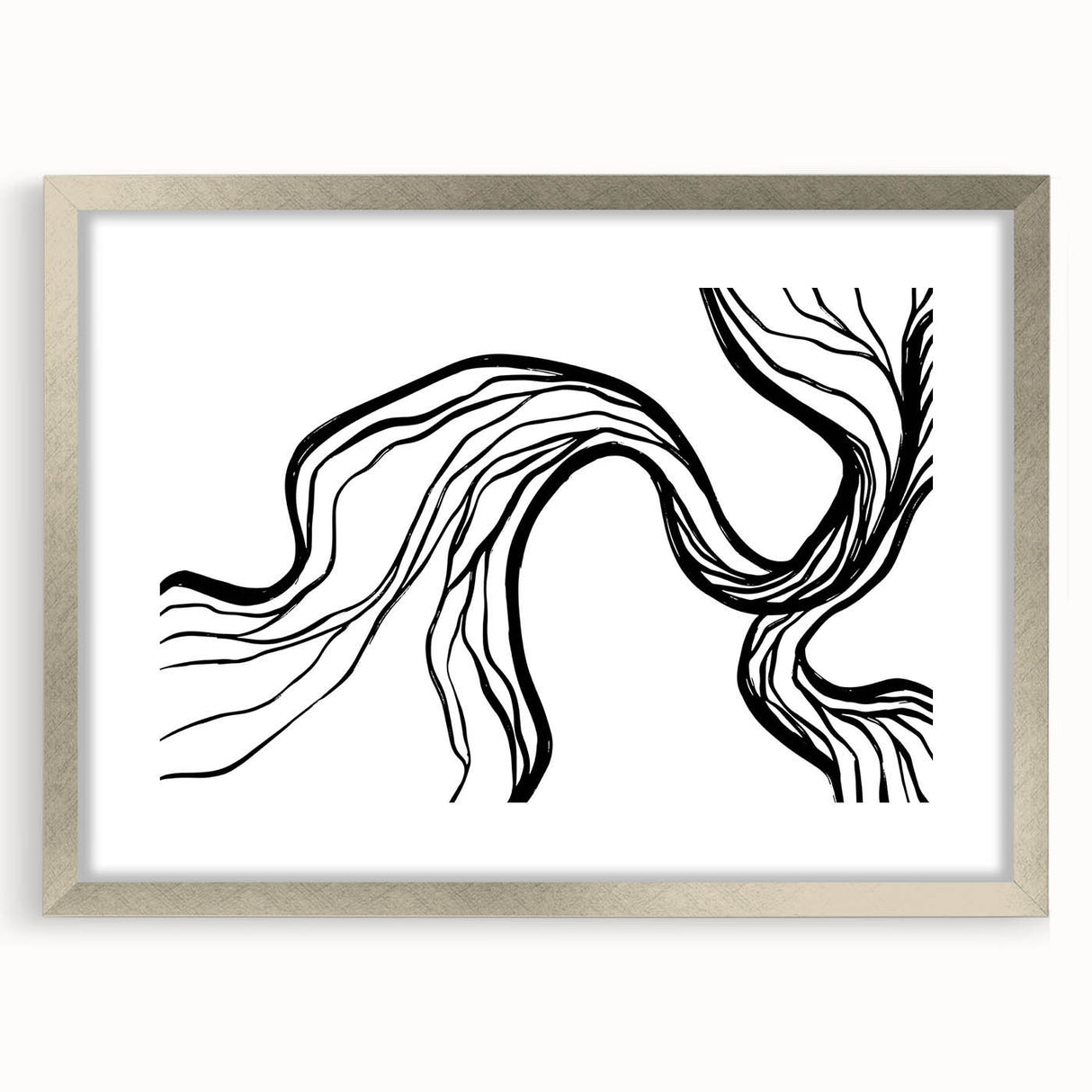 Abstract minimalist wall art featuring a silver-framed design with a mat, showcasing a chic decor element perfect for modern interiors. Ideal for enhancing living spaces with sophisticated style.
