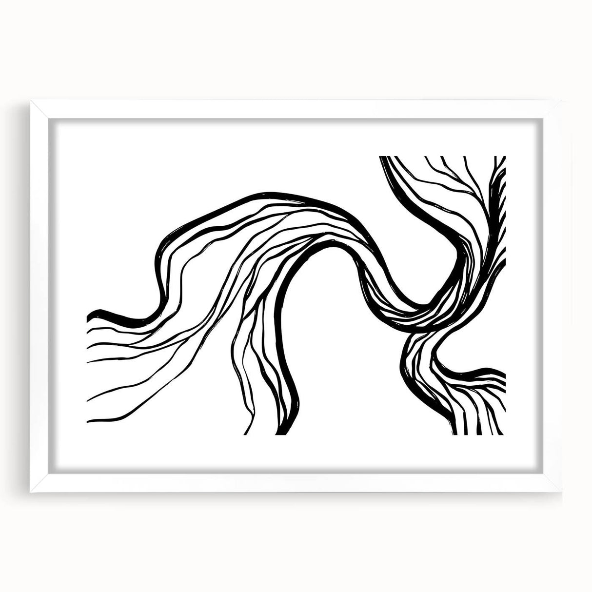 Abstract minimalist wall art collection featuring a framed design with a white mat, showcasing clean lines and soft colors ideal for modern decor.