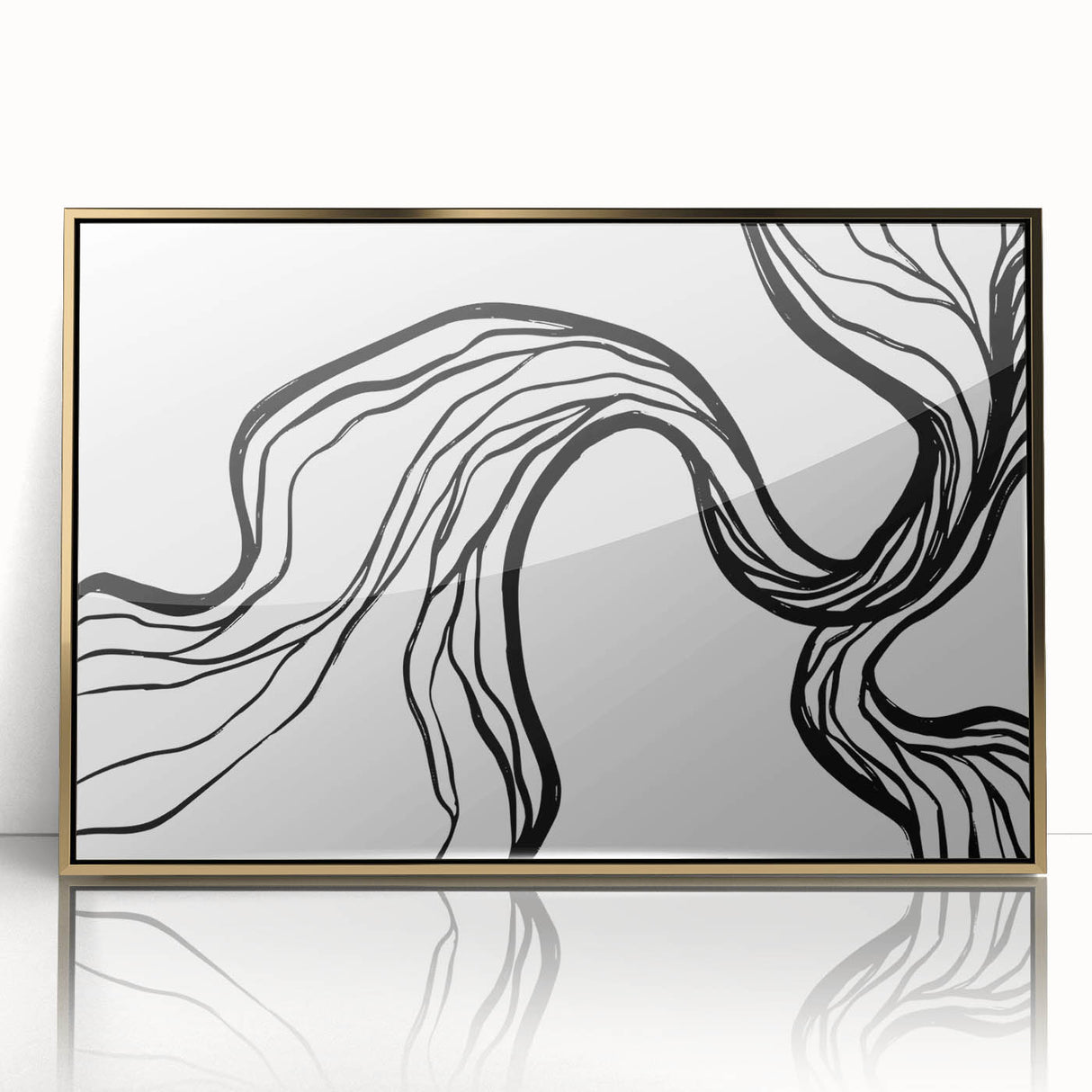 Framed abstract minimalist wall art design featuring gold accents, set against a sleek white backdrop, perfect for modern home decor and artistic displays.