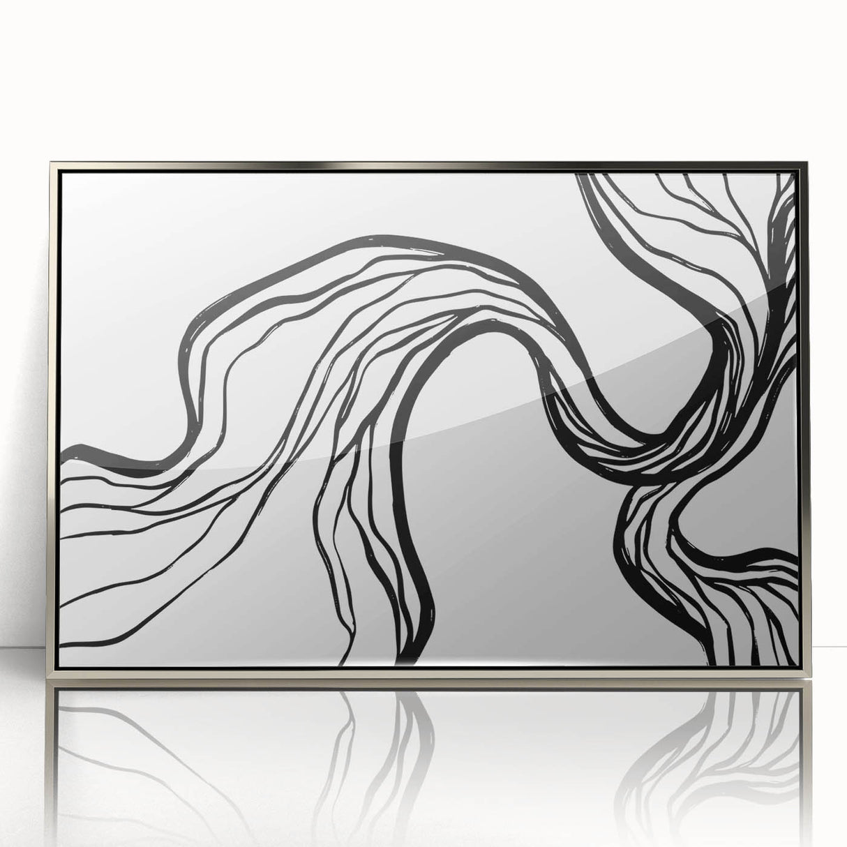 Framed abstract minimalist wall art in silver acrylic, showcasing geometric shapes and soft colors, perfect for modern home decor. Ideal for enhancing contemporary interiors.