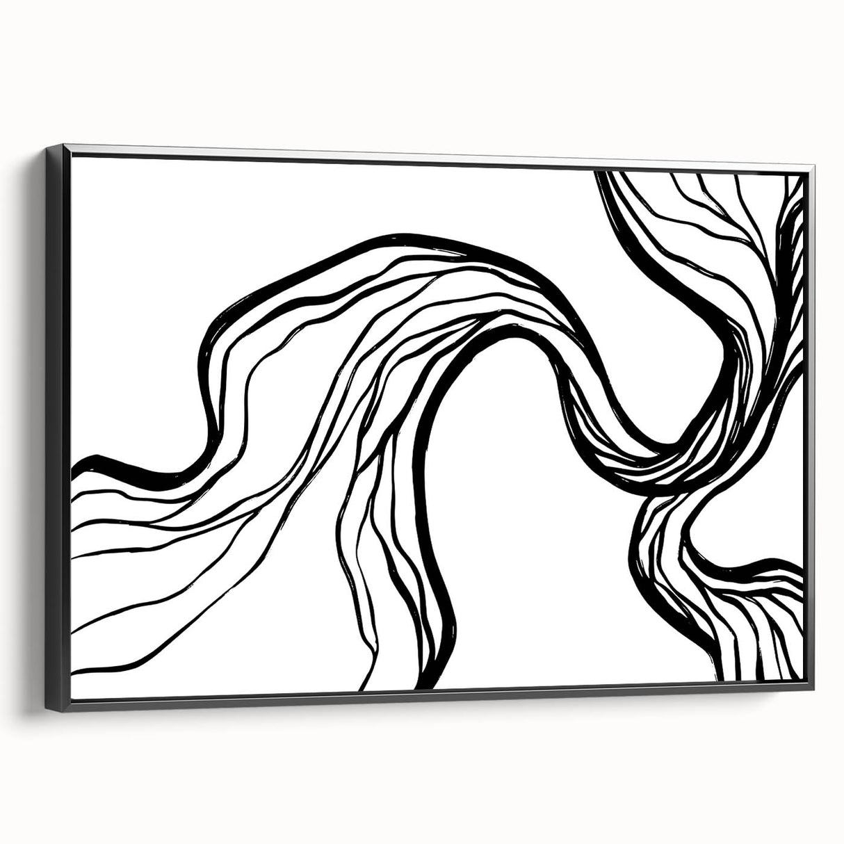 Framed minimalist wall art featuring an abstract design with bold black accents, showcased from a side view, ideal for modern home decor and art enthusiasts.