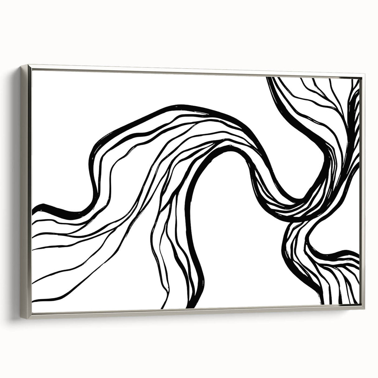 Framed minimalist wall art featuring abstract design in silver tones, showcasing a sleek side view of the canvas for modern home decor, perfect for stylish interiors.