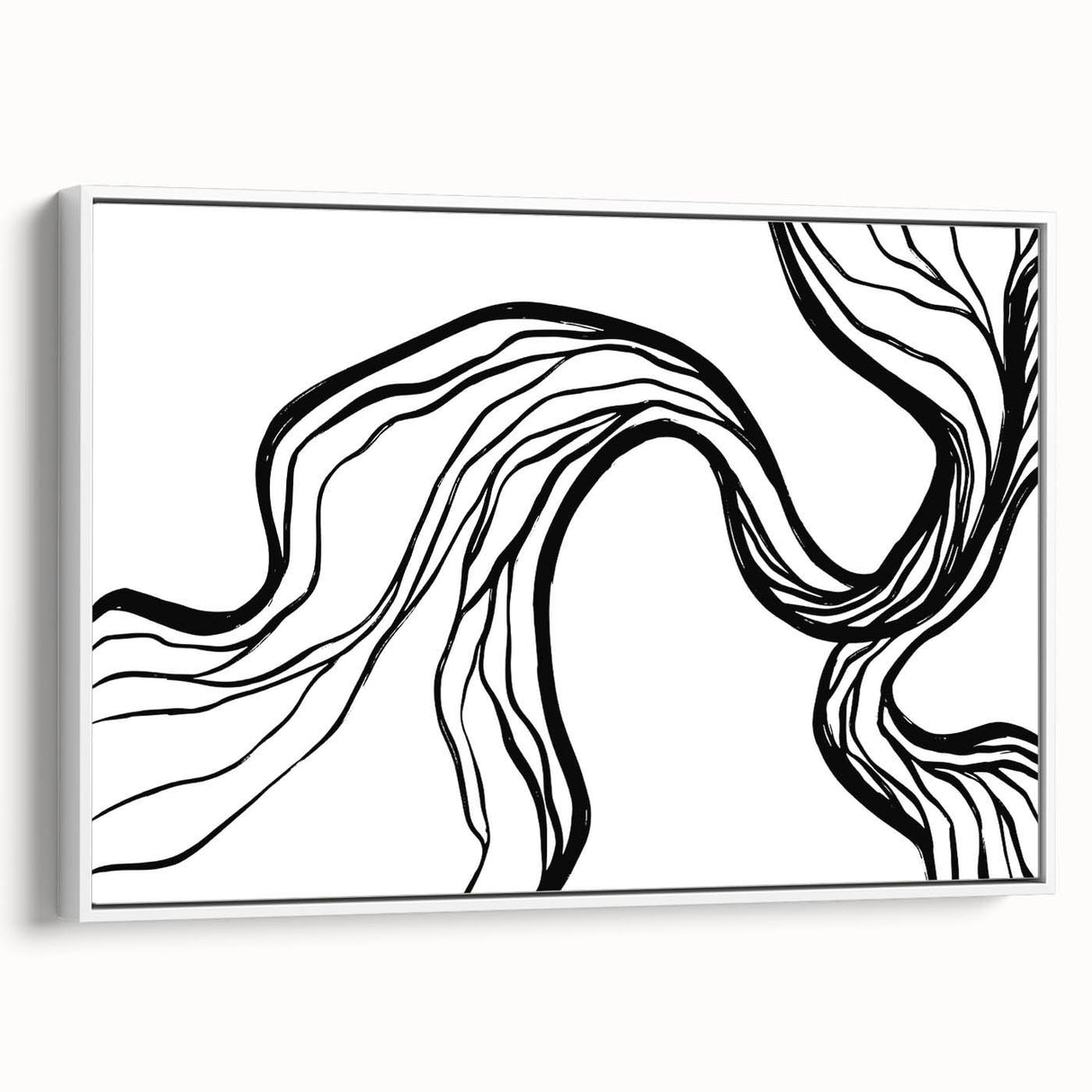 Framed canvas wall art showcasing an abstract minimalist design with a predominantly white background, elegantly displayed from a side view to highlight its depth and texture. Ideal for modern decor enthusiasts looking to enhance their living space with contemporary artistic flair.
