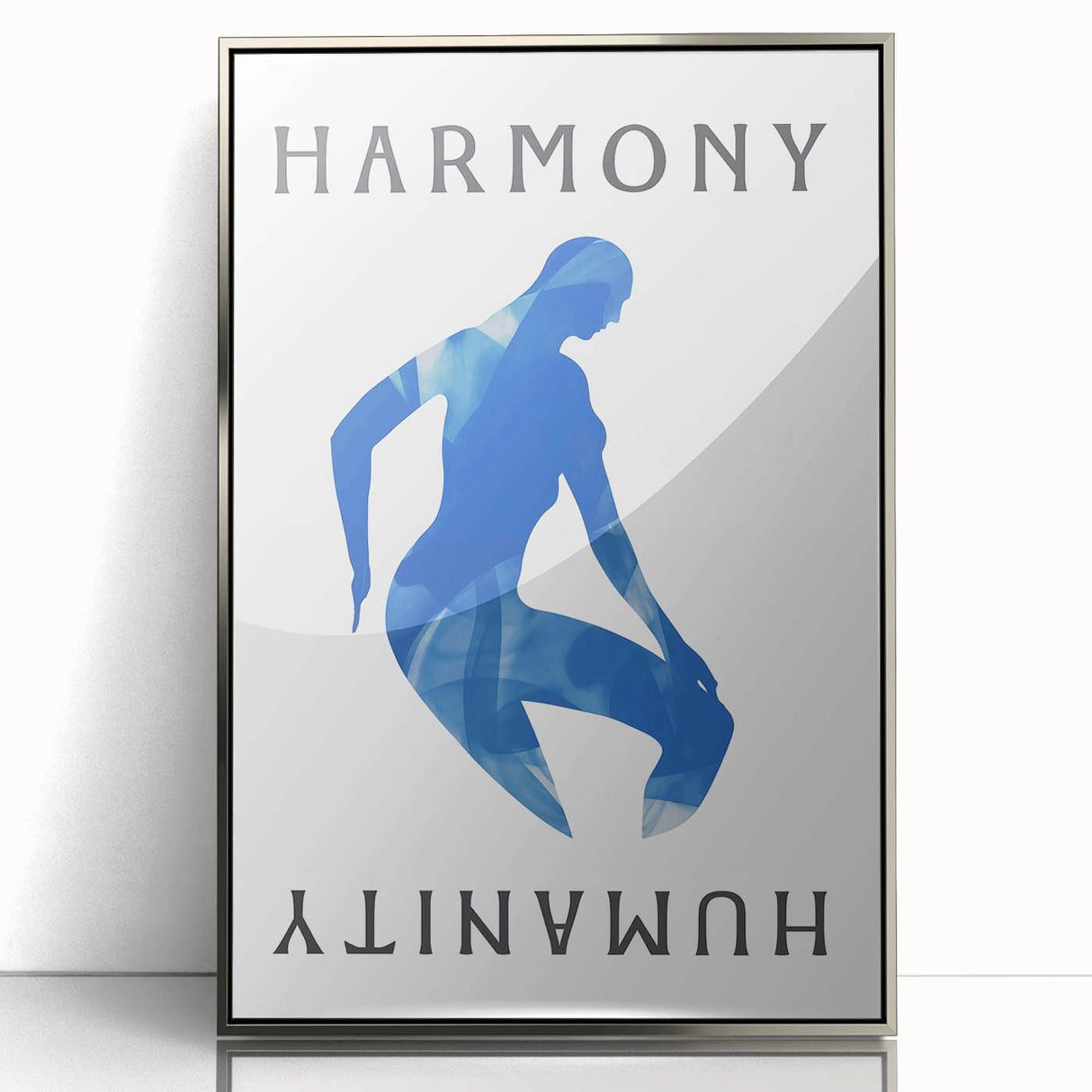 Framed abstract minimalist wall art in silver acrylic, showcasing geometric shapes and soft color gradients, enhancing modern decor.