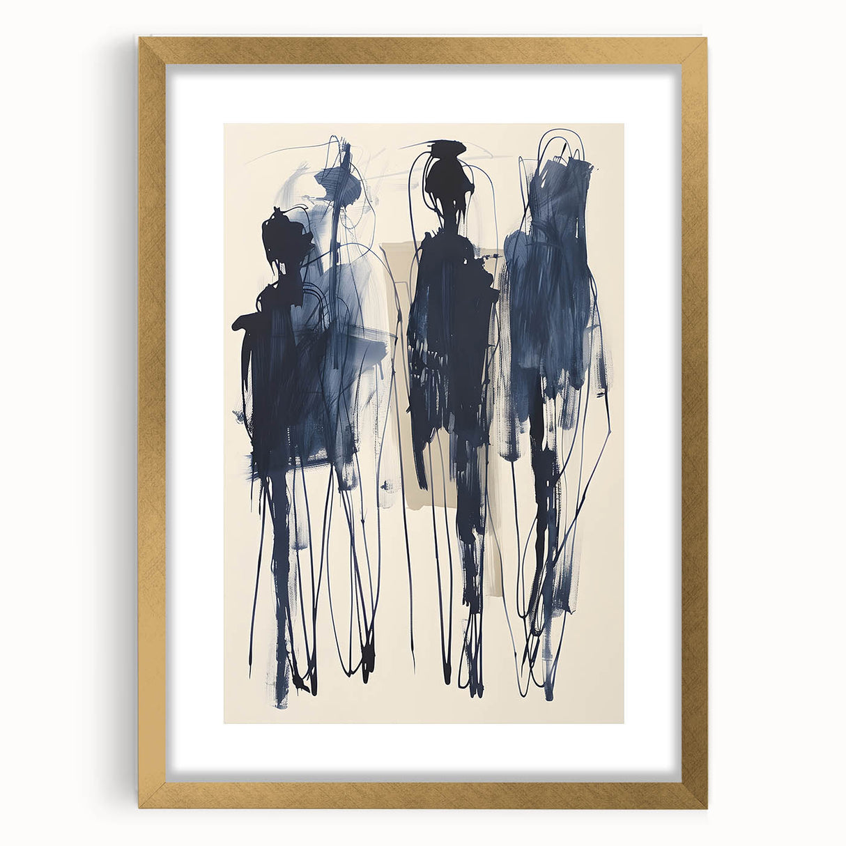 Abstract minimalist wall art design framed in gold with a mat, showcasing geometric patterns and soft color tones, perfect for modern home decor.