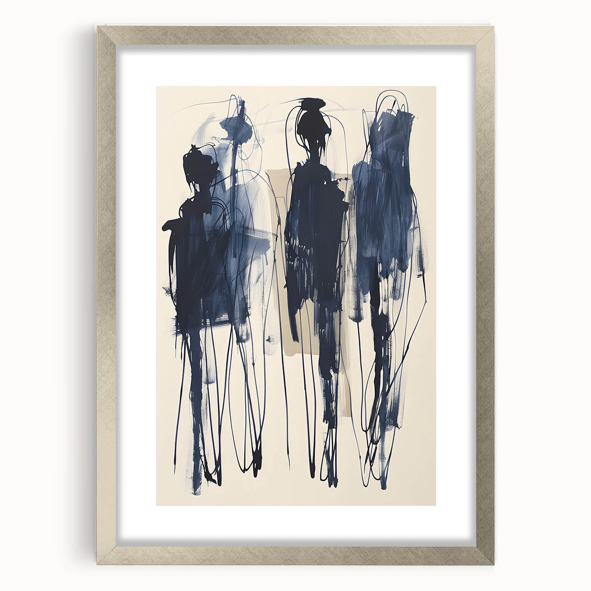 Abstract minimalist wall art design featuring a silver-framed piece with a mat, showcasing geometric shapes and cool tones, ideal for modern home decor.