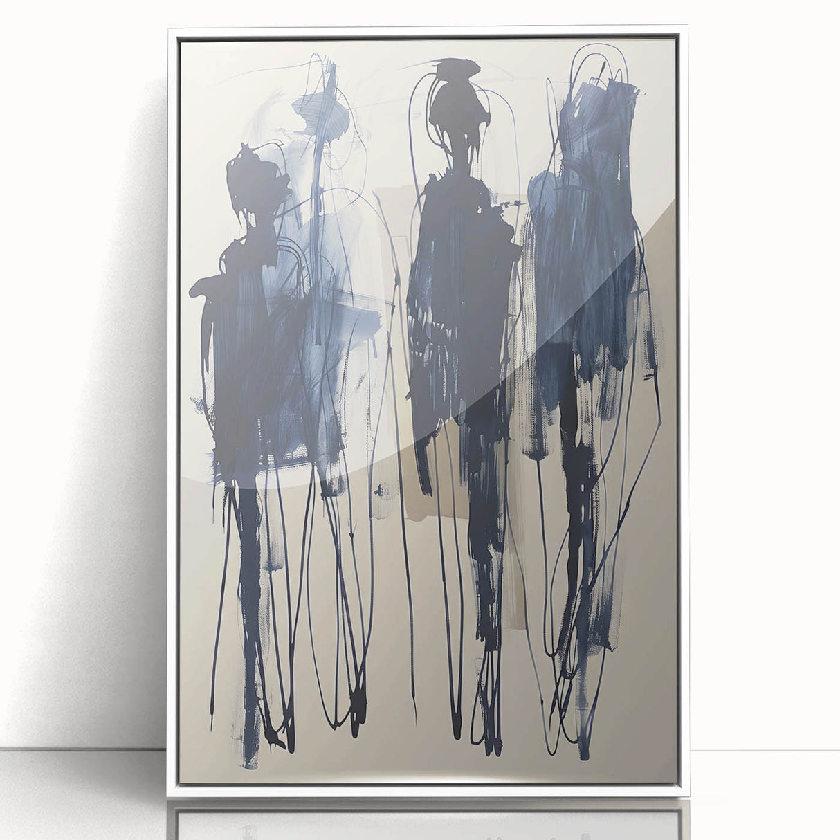 Framed abstract minimalist wall art design featuring a white frame and acrylic finish, showcasing soft color gradients and geometric shapes, ideal for modern decor.