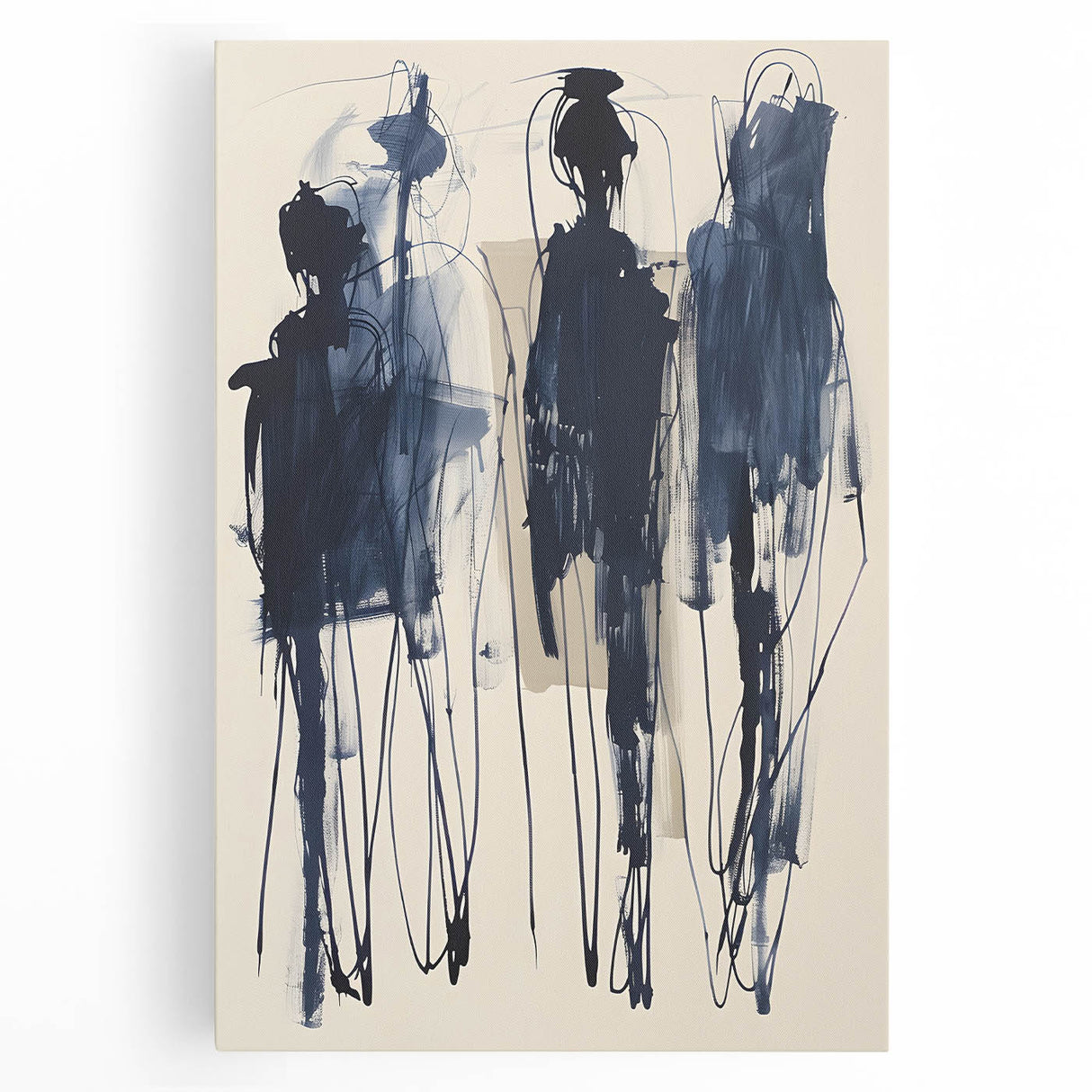 Abstract minimalist wall art collection featuring geometric shapes in muted tones of beige, gray, and white, displayed on stretched canvas for modern decor.