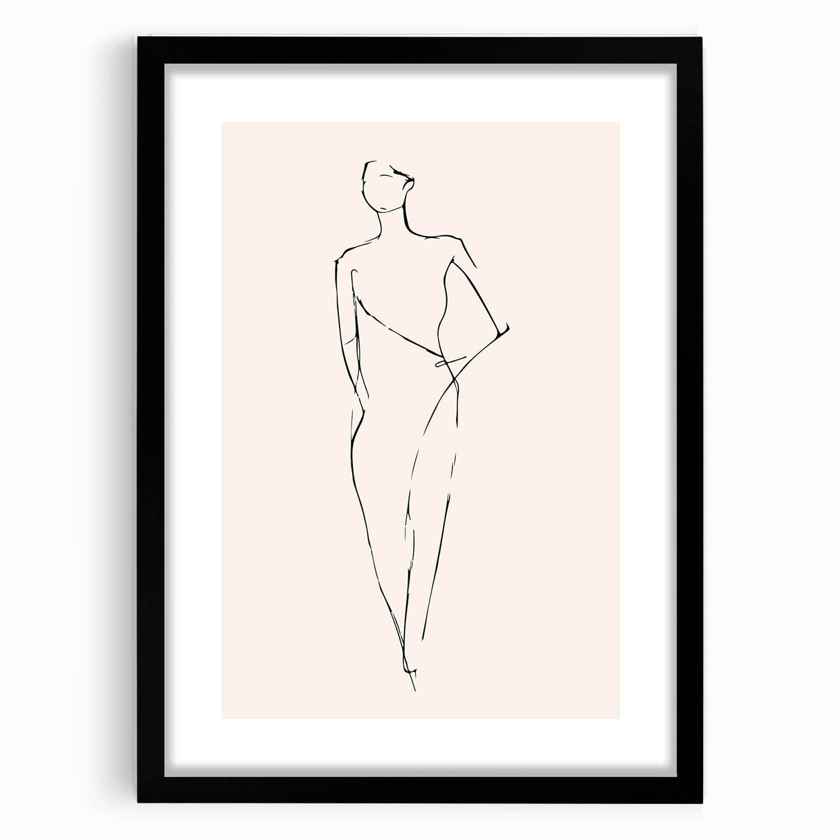 Framed abstract minimalist wall art design featuring geometric shapes in black and white, displayed with a sleek black mat for a modern aesthetic.