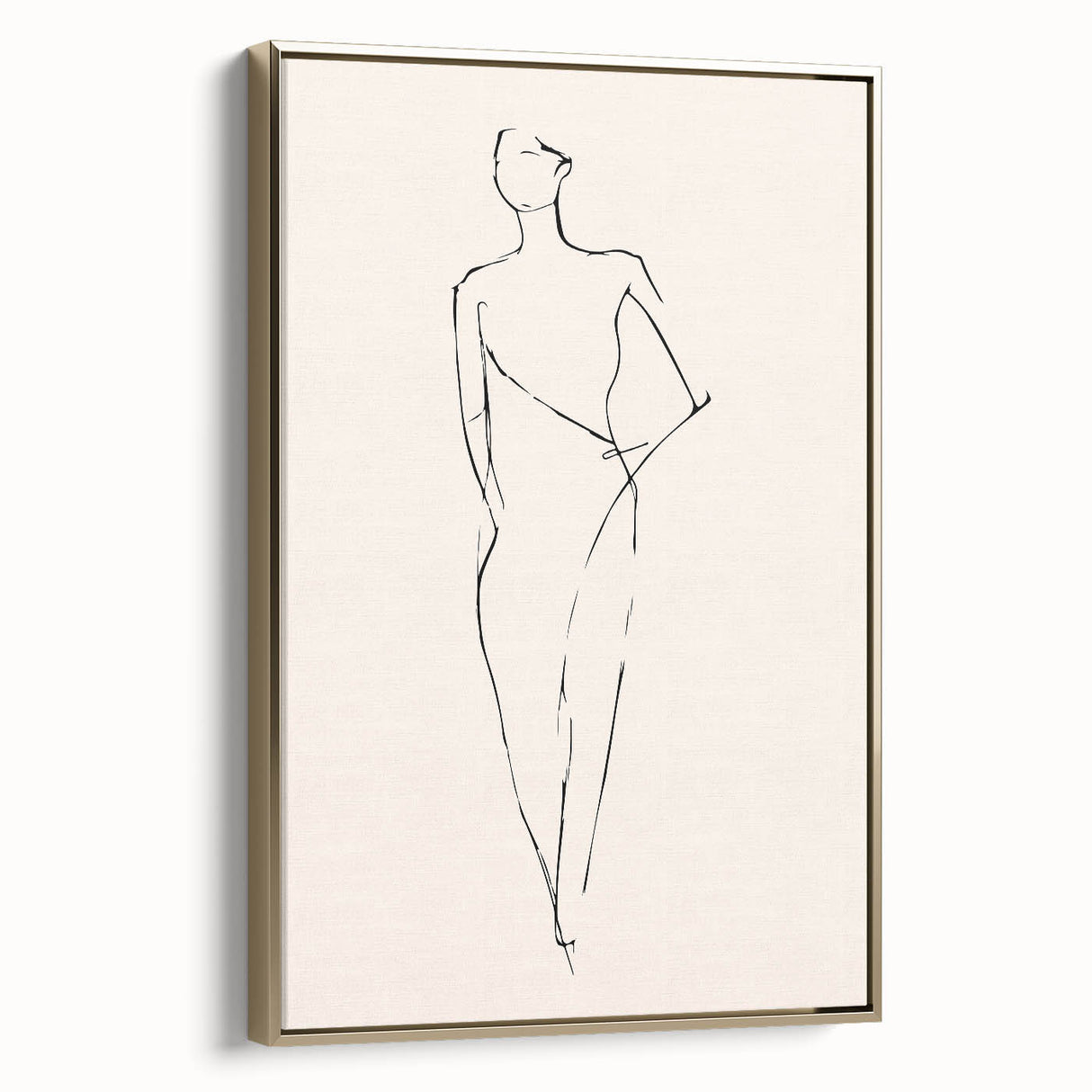 Framed abstract minimalist wall art featuring soft gold tones and sleek lines, displayed from a side view to showcase depth and elegance.