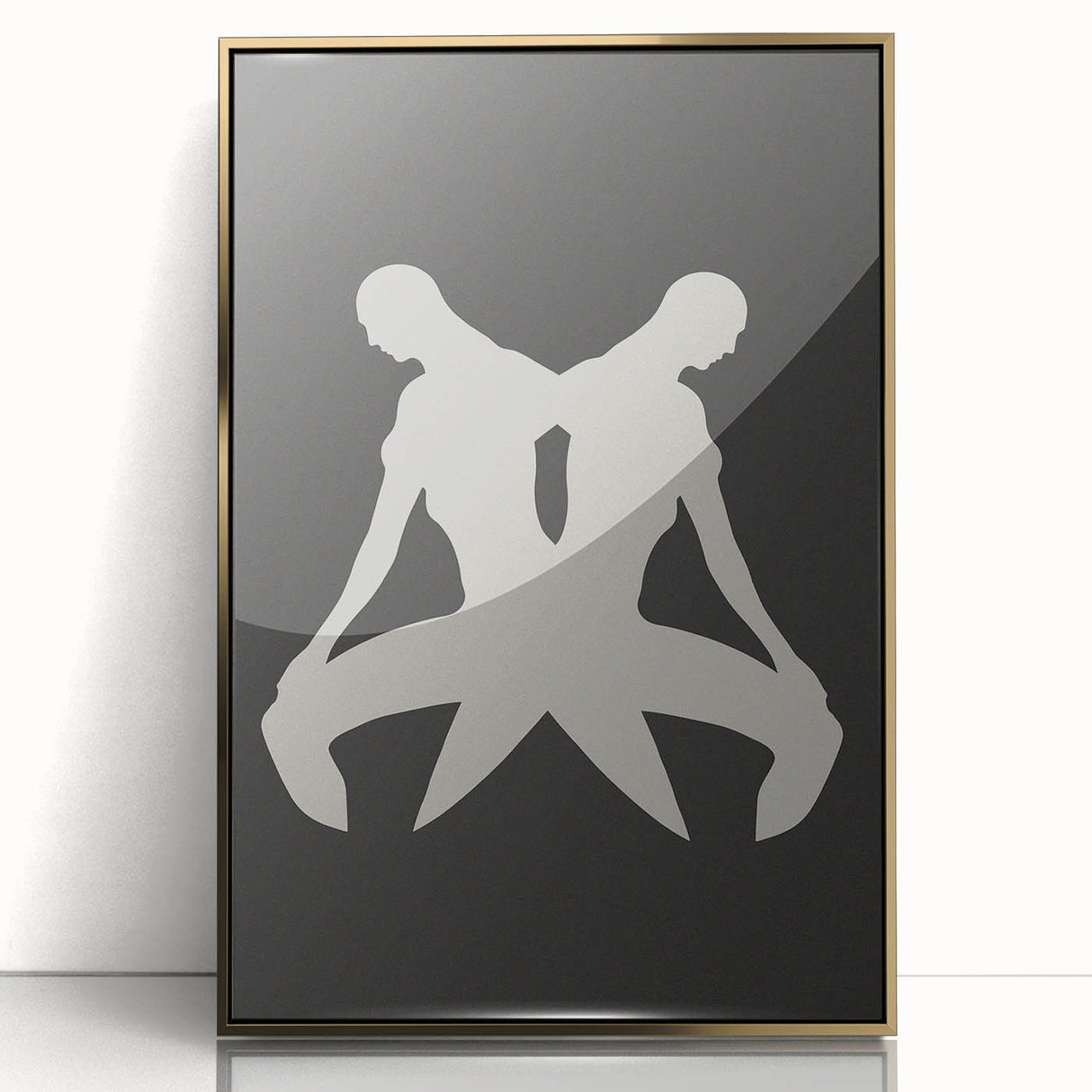 Framed minimalist wall art featuring an abstract gold design on a sleek acrylic surface, perfect for modern home decor.