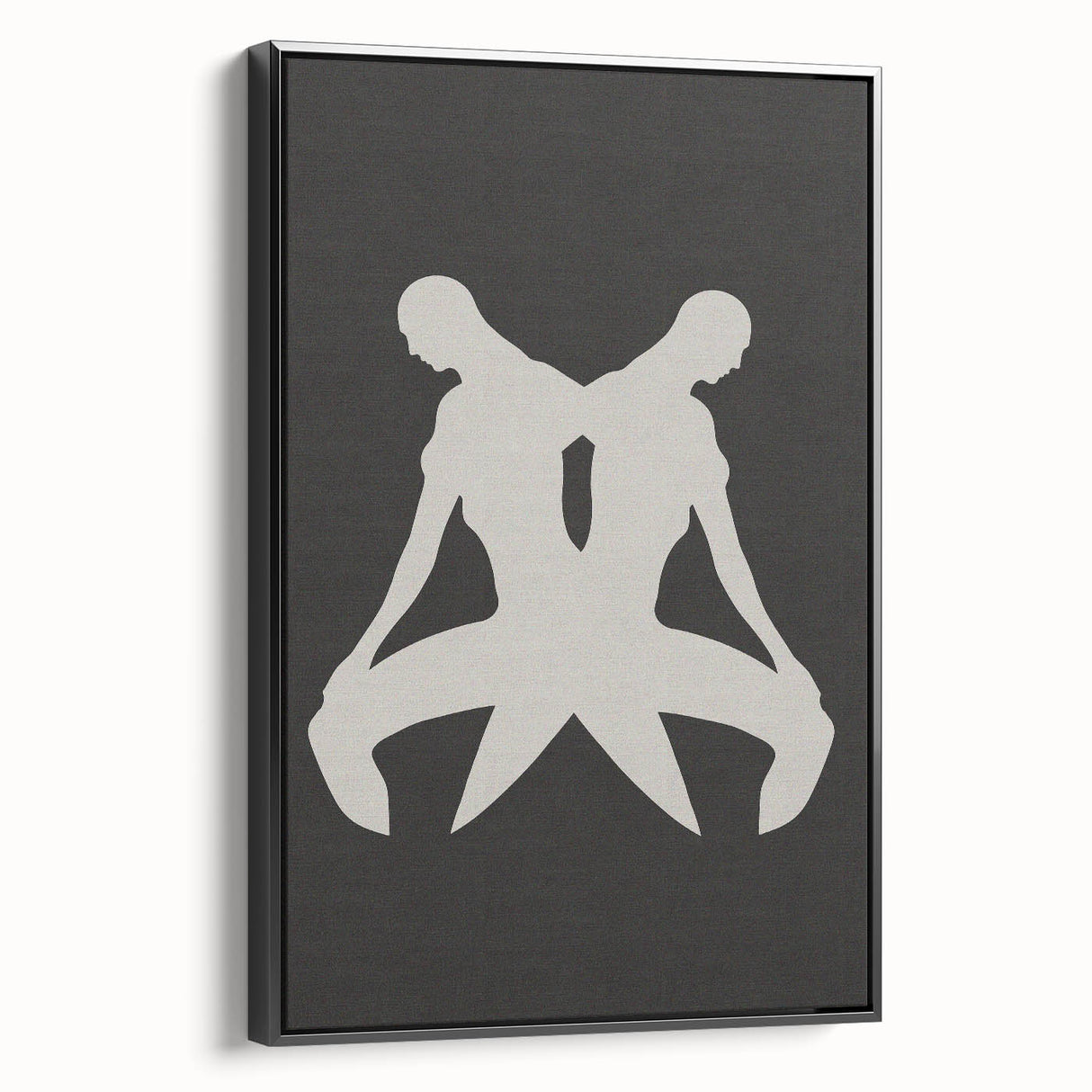 Framed abstract minimalist wall art featuring a black design on canvas, showcasing a modern aesthetic from a side view for home decor.