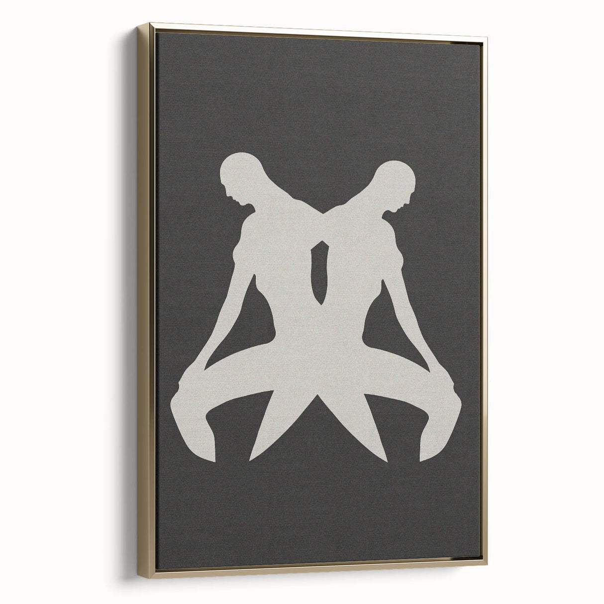 Framed abstract minimalist wall art featuring a gold design on canvas, showcasing elegance and sophistication from a side view, perfect for modern decor.