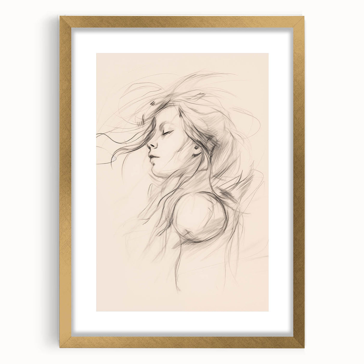 Abstract minimalist wall art design in a gold frame with a mat, showcasing geometric shapes and soft color tones for modern decor.