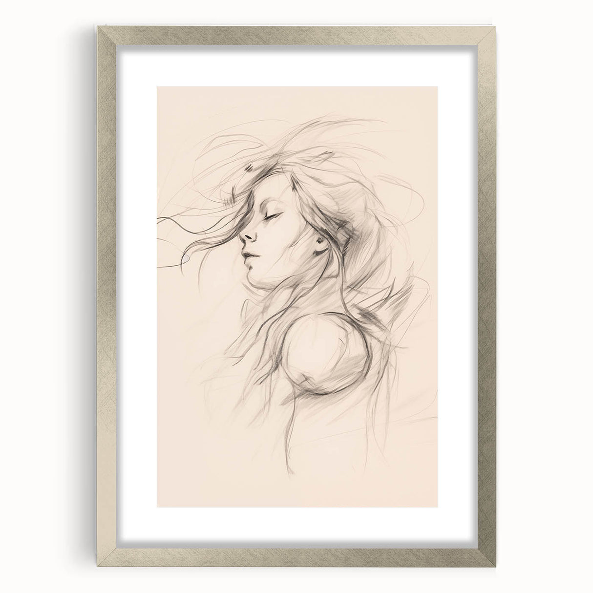 Abstract minimalist wall art design showcasing a silver-framed artwork with a mat, emphasizing clean lines and modern aesthetic, perfect for contemporary decor.