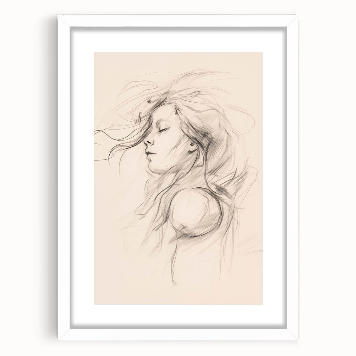 Framed abstract minimalist wall art design featuring soft pastel colors and geometric shapes, displayed with a white mat for a modern look.