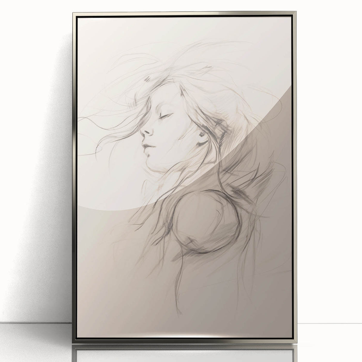 Framed abstract minimalist wall art design featuring soft silver tones and geometric shapes, elegantly displayed in a modern setting.
