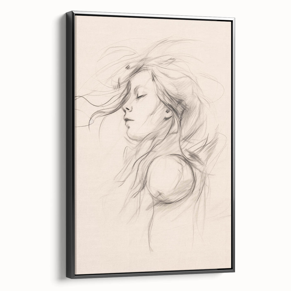 Framed wall art featuring an abstract minimalist design in soft black tones, showcasing a sleek side view, perfect for modern decor.