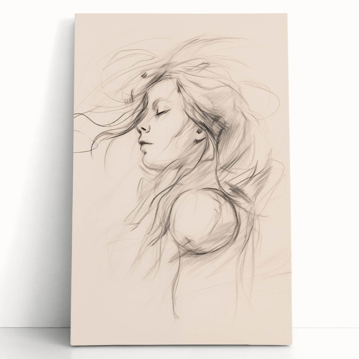 Abstract minimalist wall art design featuring soft pastel colors and geometric shapes, printed on stretched canvas, leaning against a wall.