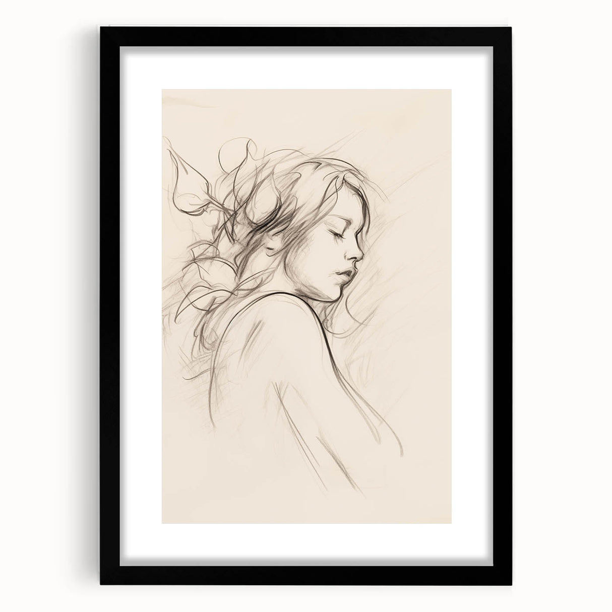 Framed abstract minimalist wall art design showcasing a sleek black frame with a mat, emphasizing a contemporary aesthetic for modern decor.