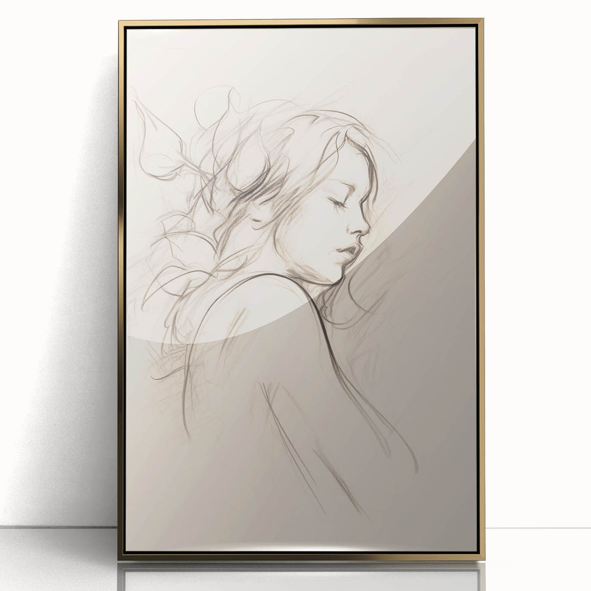 Framed abstract minimalist wall art with gold accents, showcasing a fluid design on acrylic, ideal for modern decor in any space.