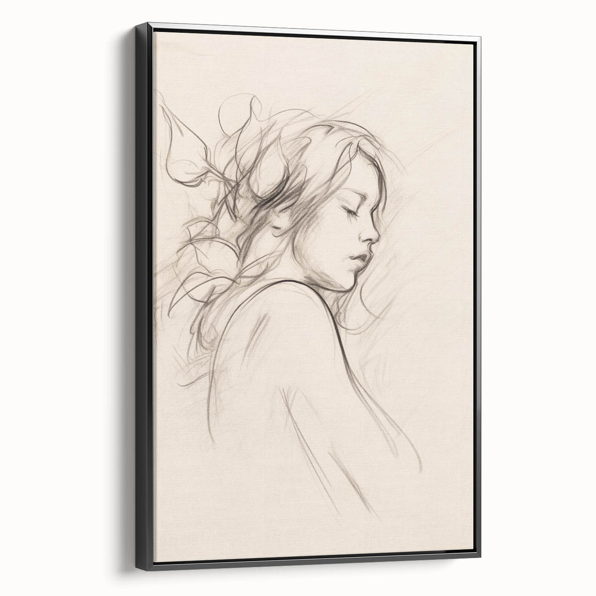 Framed minimalist abstract wall art featuring a sleek black design, showcasing smooth lines and a modern aesthetic, ideal for contemporary decor.