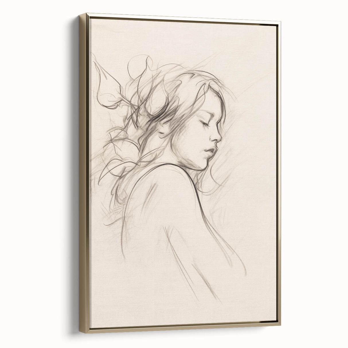 Framed abstract minimalist wall art showcasing a gold and white design, elegantly displayed in a modern living room setting.