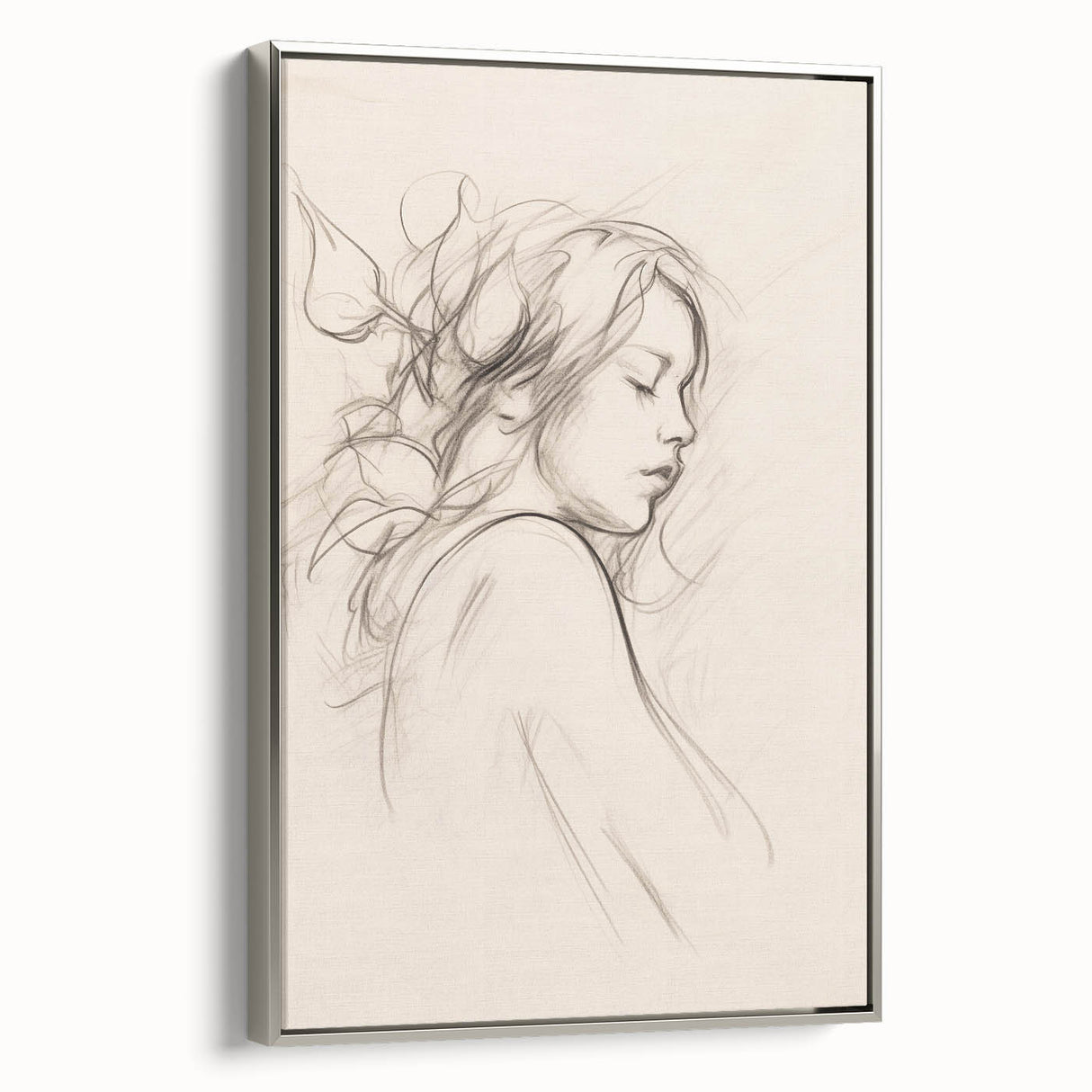 Framed minimalist wall art design showcasing abstract shapes in soothing silver tones, elegantly displayed from a side view for modern decor.