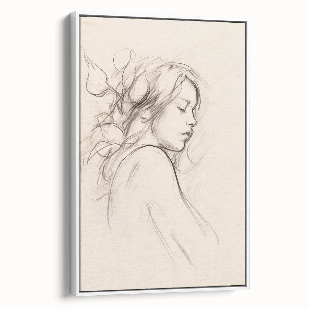 Framed minimalist wall art featuring an abstract design in soft neutral tones, showcased from a side view to highlight depth and texture.