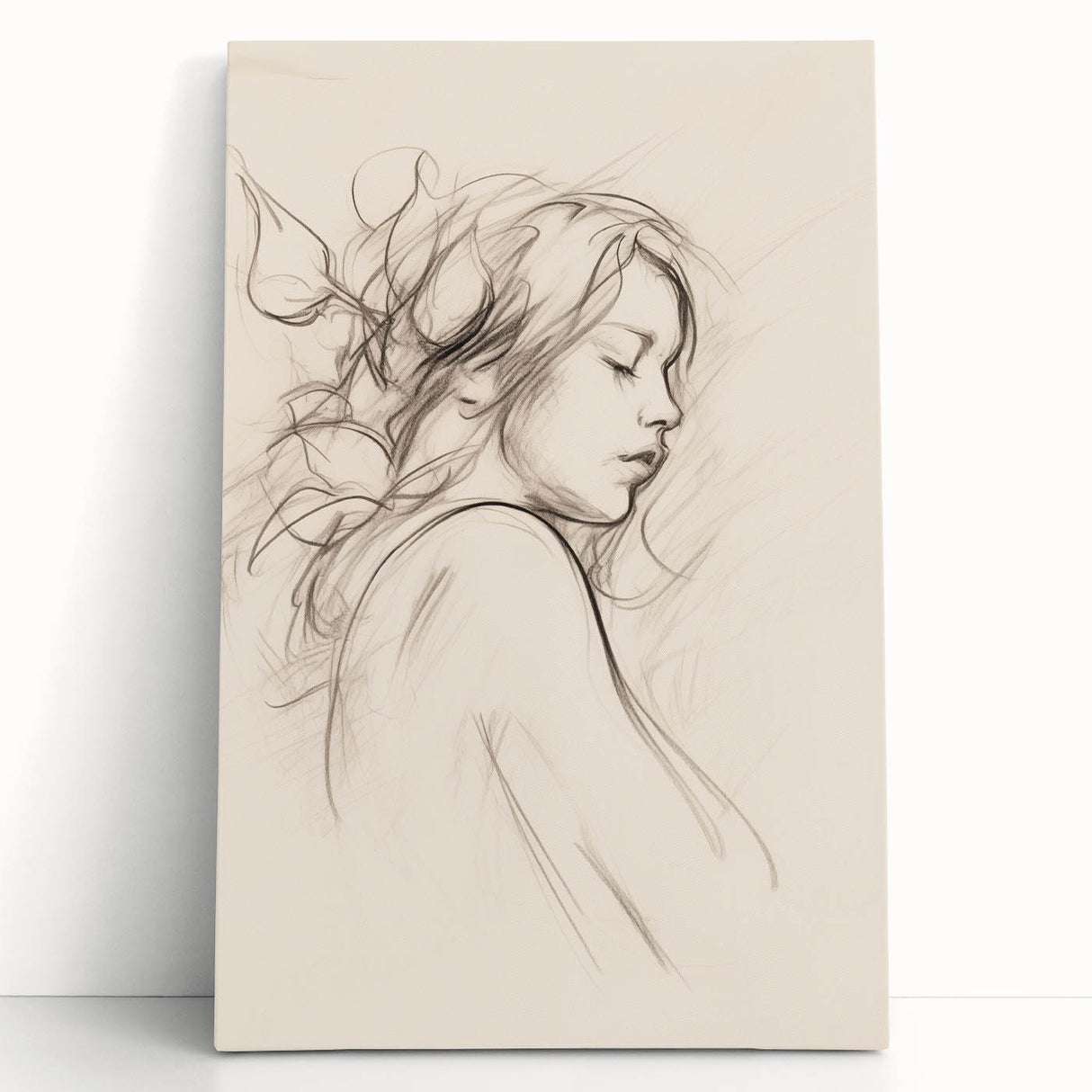 Abstract minimalist wall art collection featuring a stretched canvas design with soft pastel colors and geometric shapes, leaning against a wall.