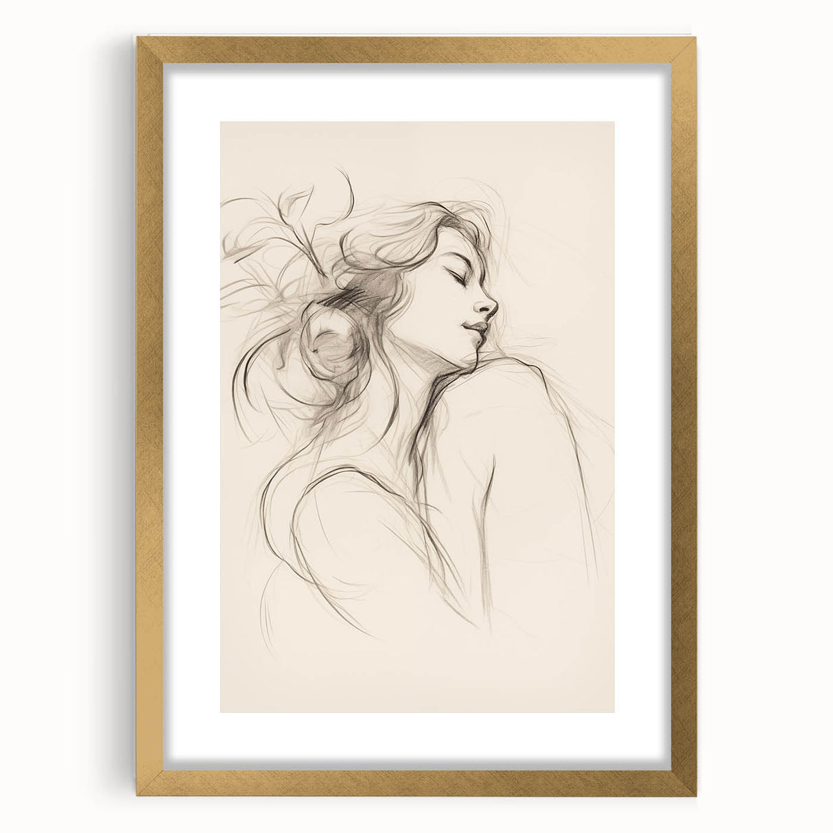 Abstract minimalist wall art design in a gold frame with a white mat, showcasing elegant simplicity and modern style for home decor.