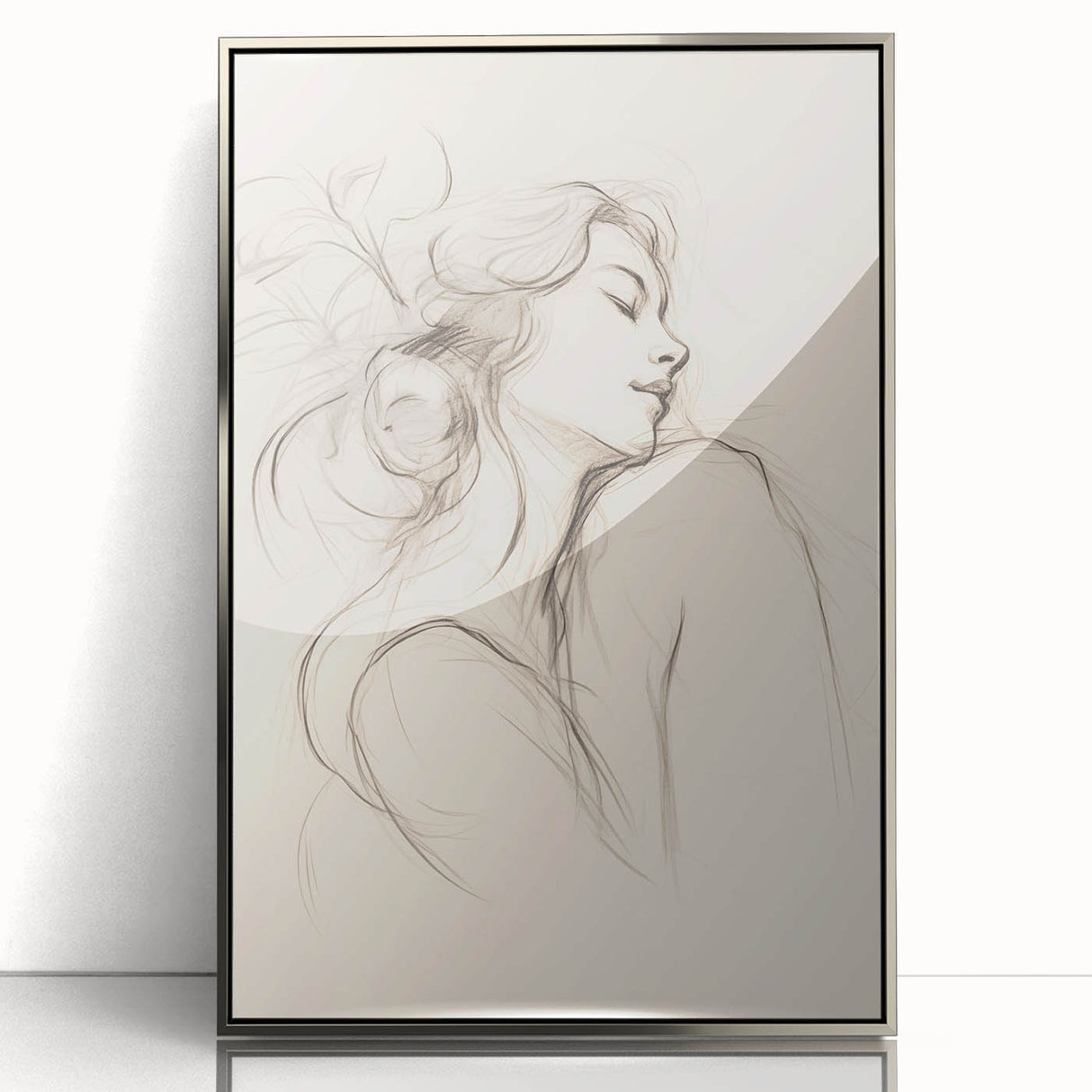 Framed abstract minimalist wall art design in silver acrylic, showcasing a sleek geometric pattern against a soft gray background, ideal for modern decor.