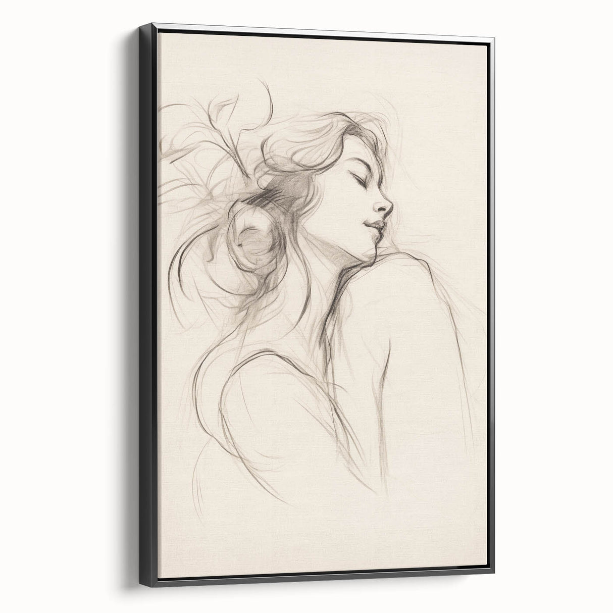 Framed abstract minimalist wall art featuring a sleek black design, showcasing a modern aesthetic with a side view that emphasizes its elegance.