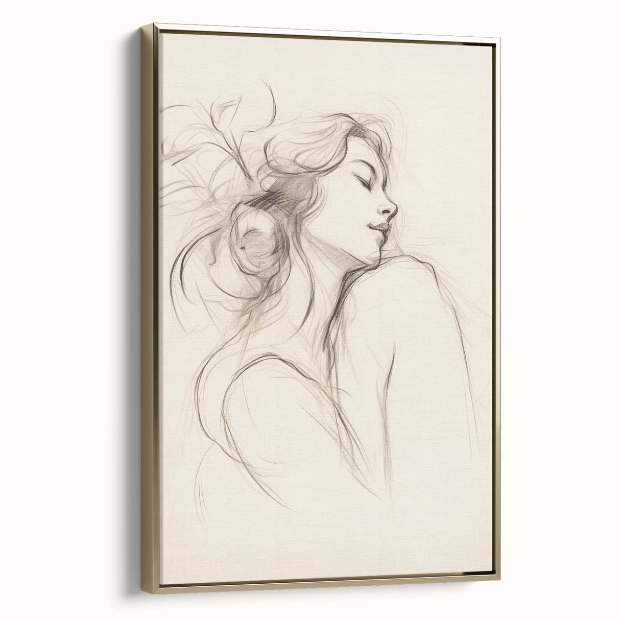 Framed abstract minimalist wall art design showcasing a gold color palette on canvas, elegantly displayed from a side view to highlight depth and texture.