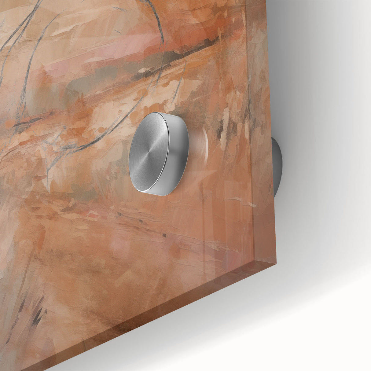 Close-up of an abstract minimalist wall art piece showcasing fluid lines and soft colors, displayed in an elegant acrylic glass frame.