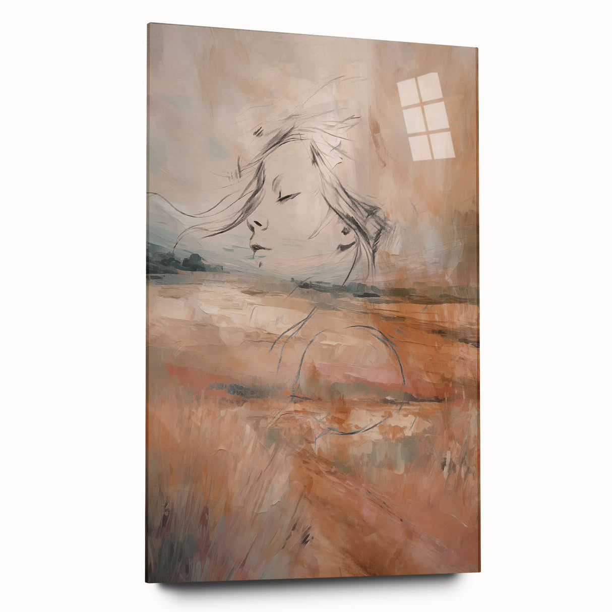 Acrylic glass wall art featuring an abstract minimalist design in soft pastel colors, showcasing elegance and modern aesthetics in a side view display.