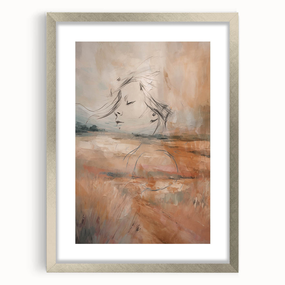 Framed abstract minimalist wall art collection featuring a sleek silver frame and mat, showcasing subtle geometric patterns and soft colors.