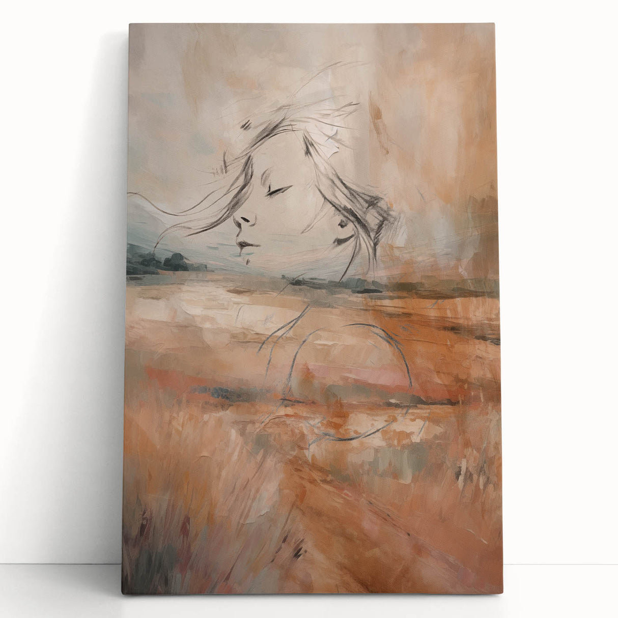 Abstract minimalist wall art collection on stretched canvas, showcasing soft pastel colors and geometric shapes, perfect for modern decor.