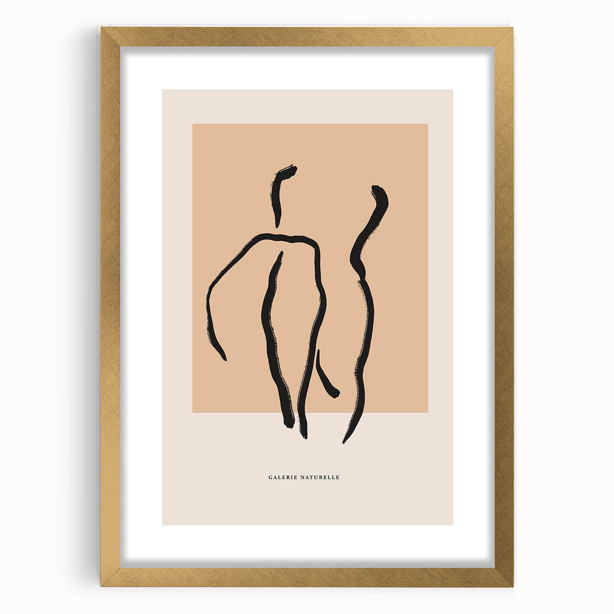 Abstract minimalist wall art design featuring a gold frame and mat, showcasing elegant lines and shapes for modern decor accents.