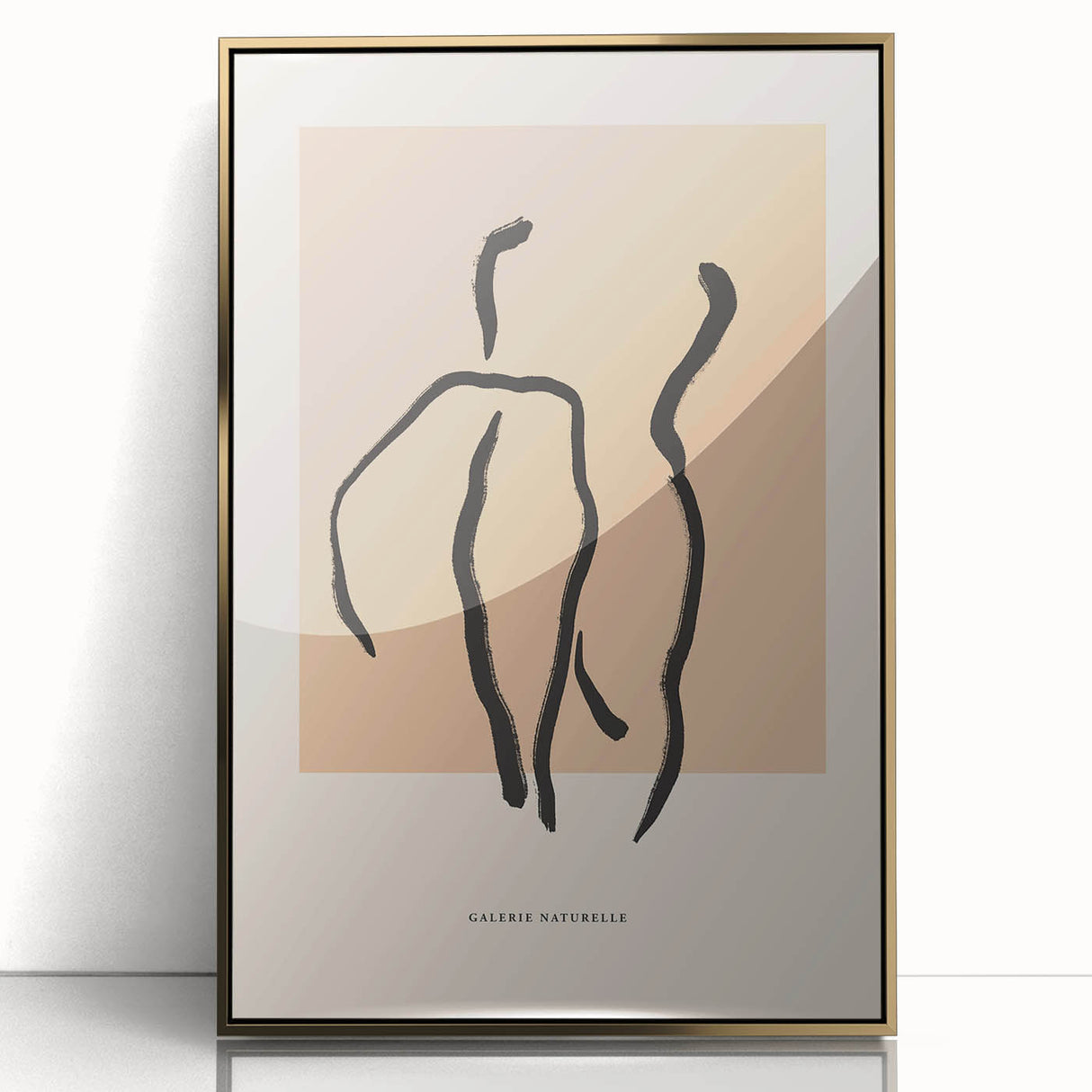 Framed abstract minimalist wall art in gold tones, showcasing geometric shapes and sleek design, perfect for modern home decor.