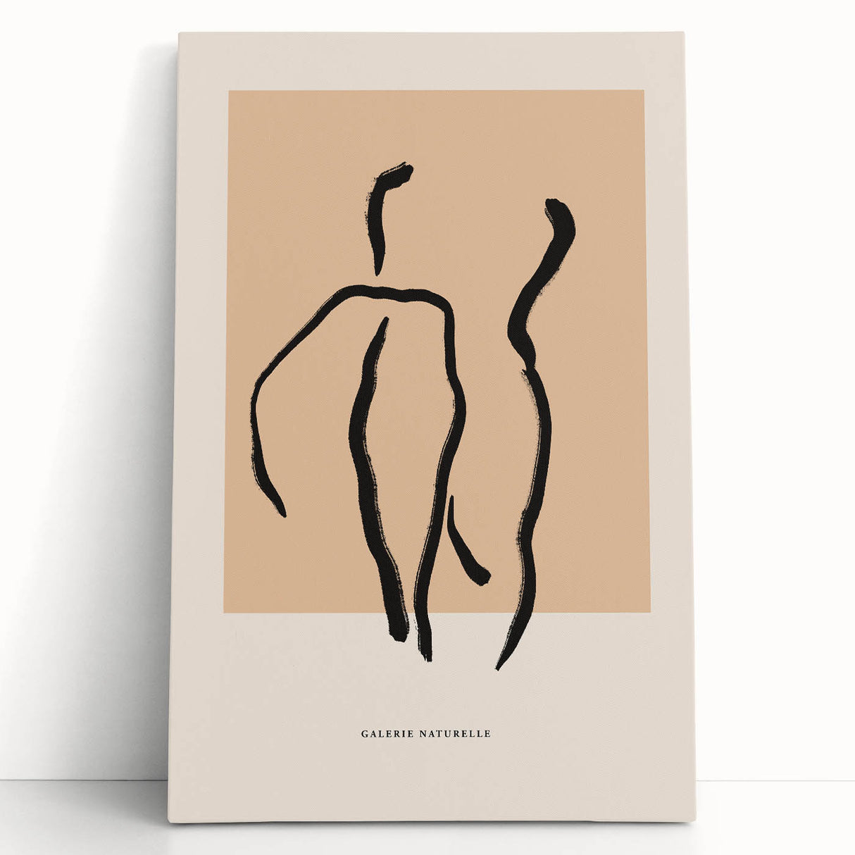 Abstract minimalist wall art design featuring soft neutral tones and geometric shapes, displayed on a stretched canvas leaning against a wall.