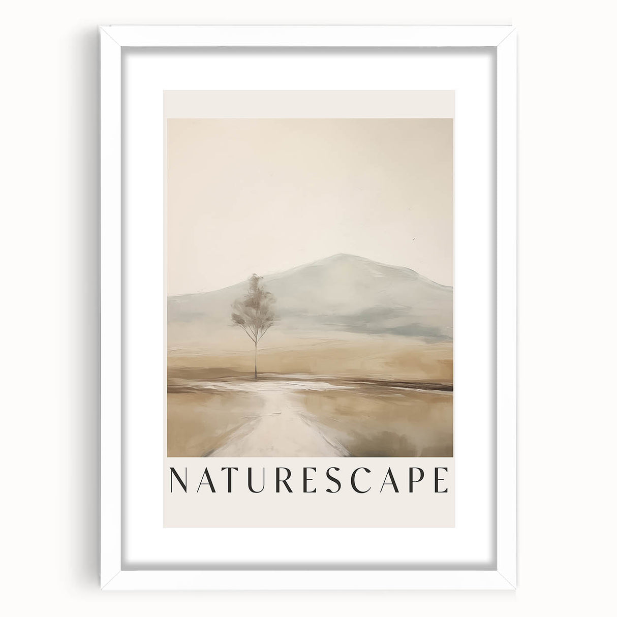 Abstract minimalist wall art collection featuring a framed piece with a white mat, showcasing geometric shapes and neutral colors, ideal for modern decor.