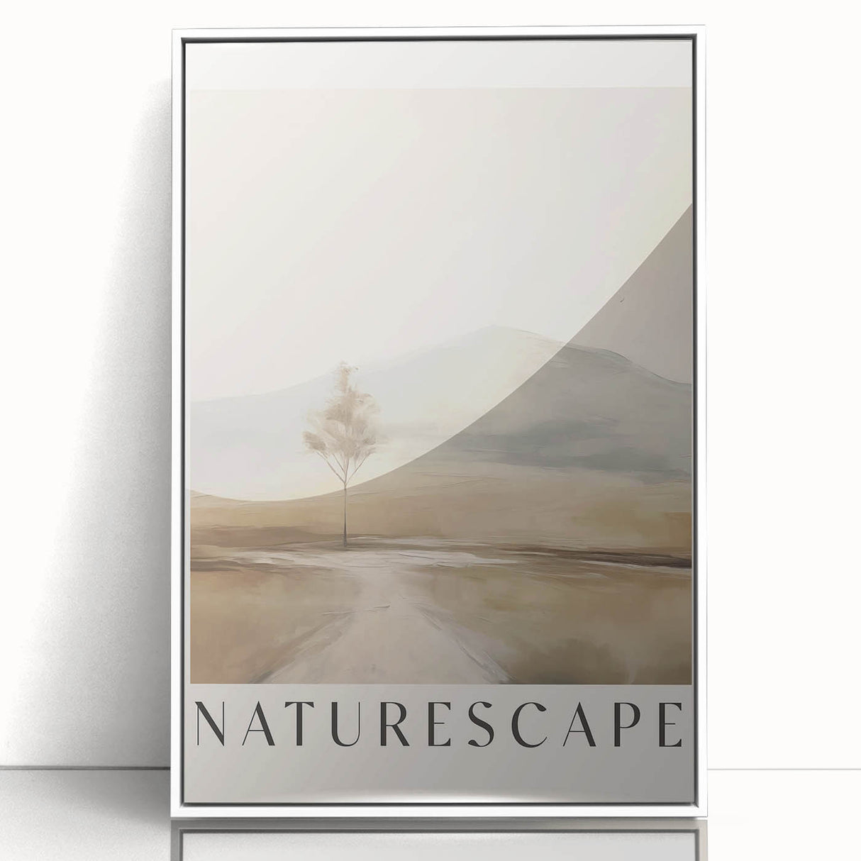 Framed minimalist abstract wall art design featuring soft pastel colors and geometric shapes, displayed in a white frame against a neutral background.