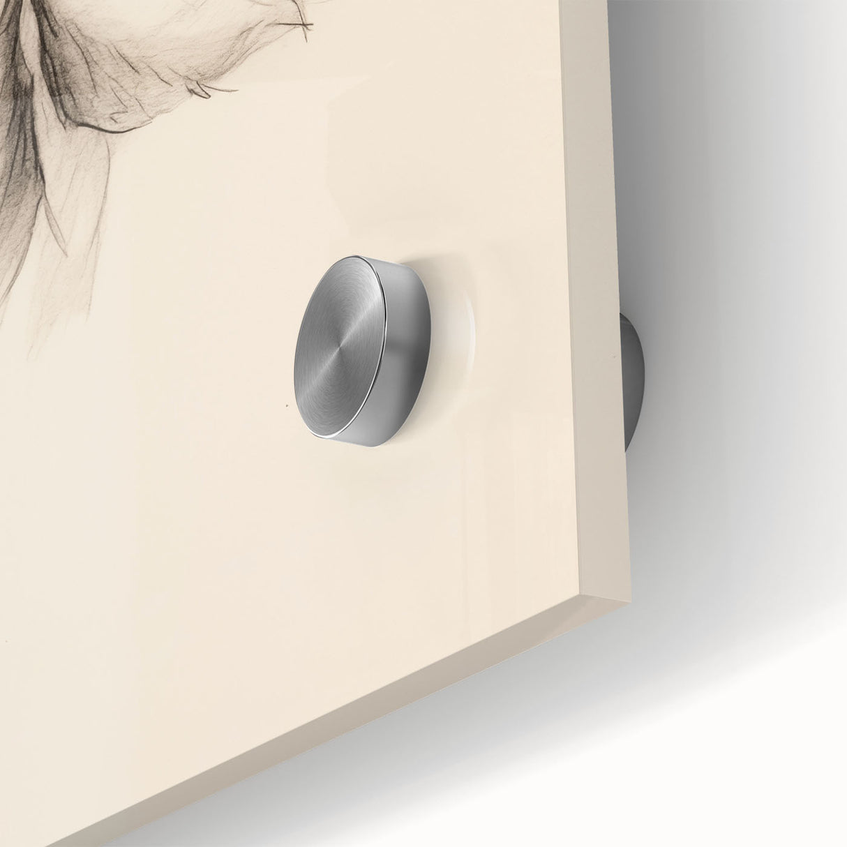 Close-up view of an abstract minimalist wall art piece featuring a vibrant design with bold colors and smooth textures, set against a sleek acrylic glass background.